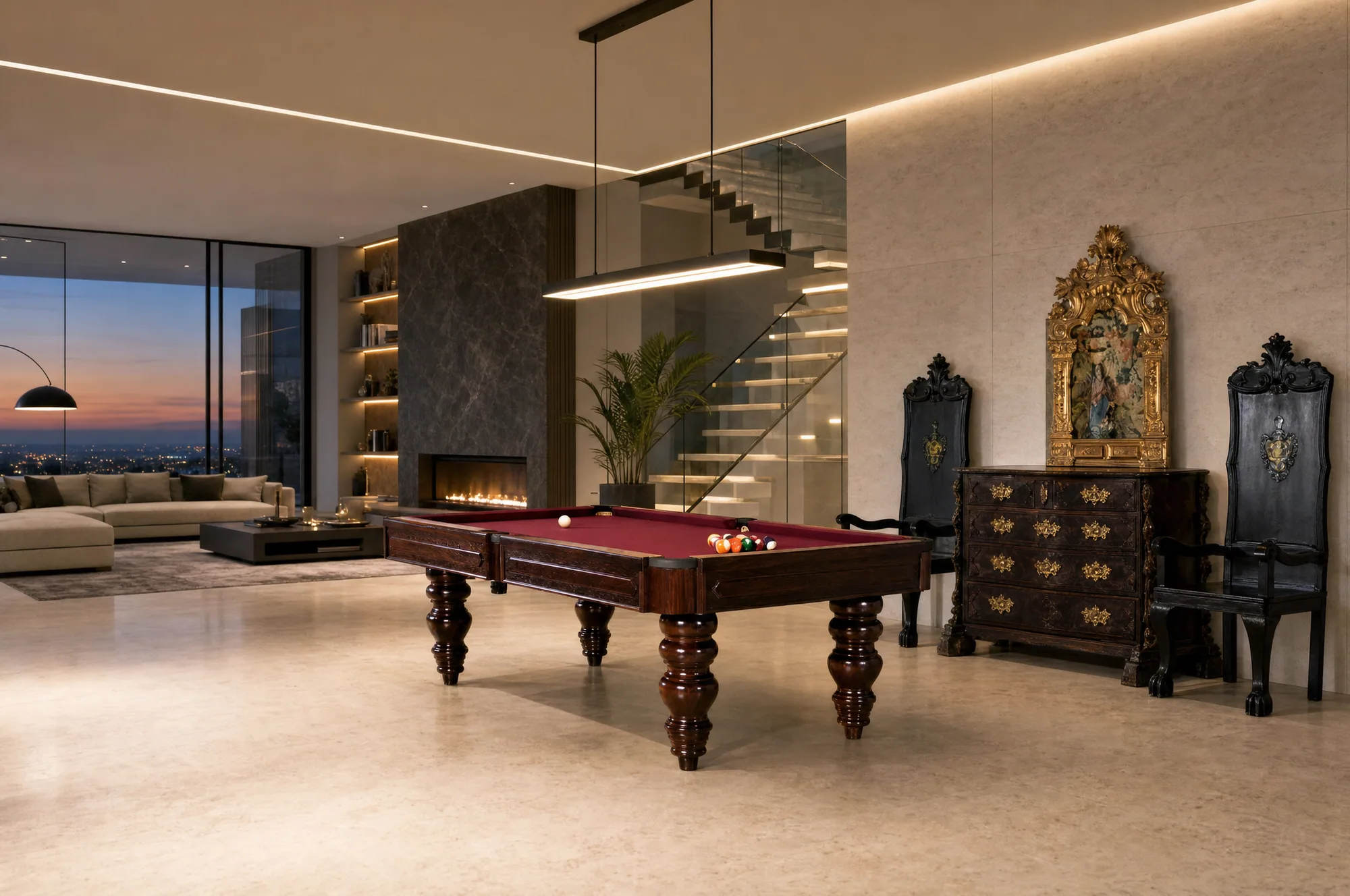 Biliardo classico in un living contemporaneo